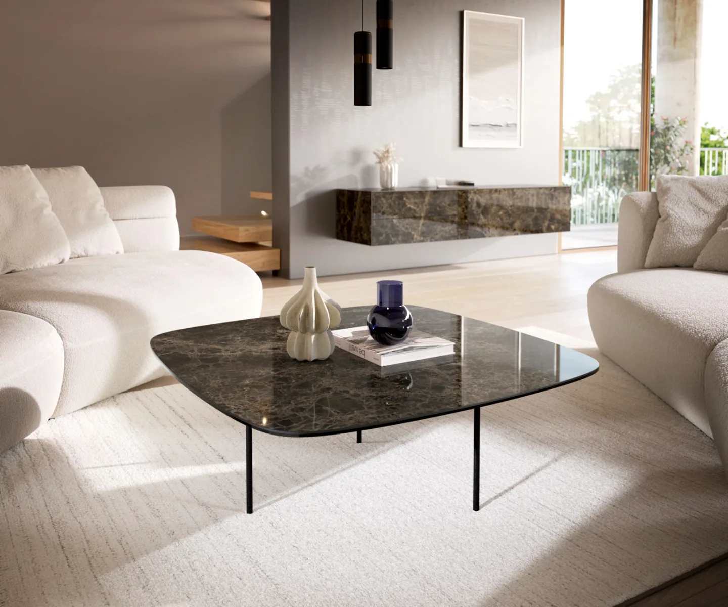 Couchtisch Edge Boot 90x90 cm Keramik Emperador Extra Lucidato Dunkelbraun Trive Metall Schwarz