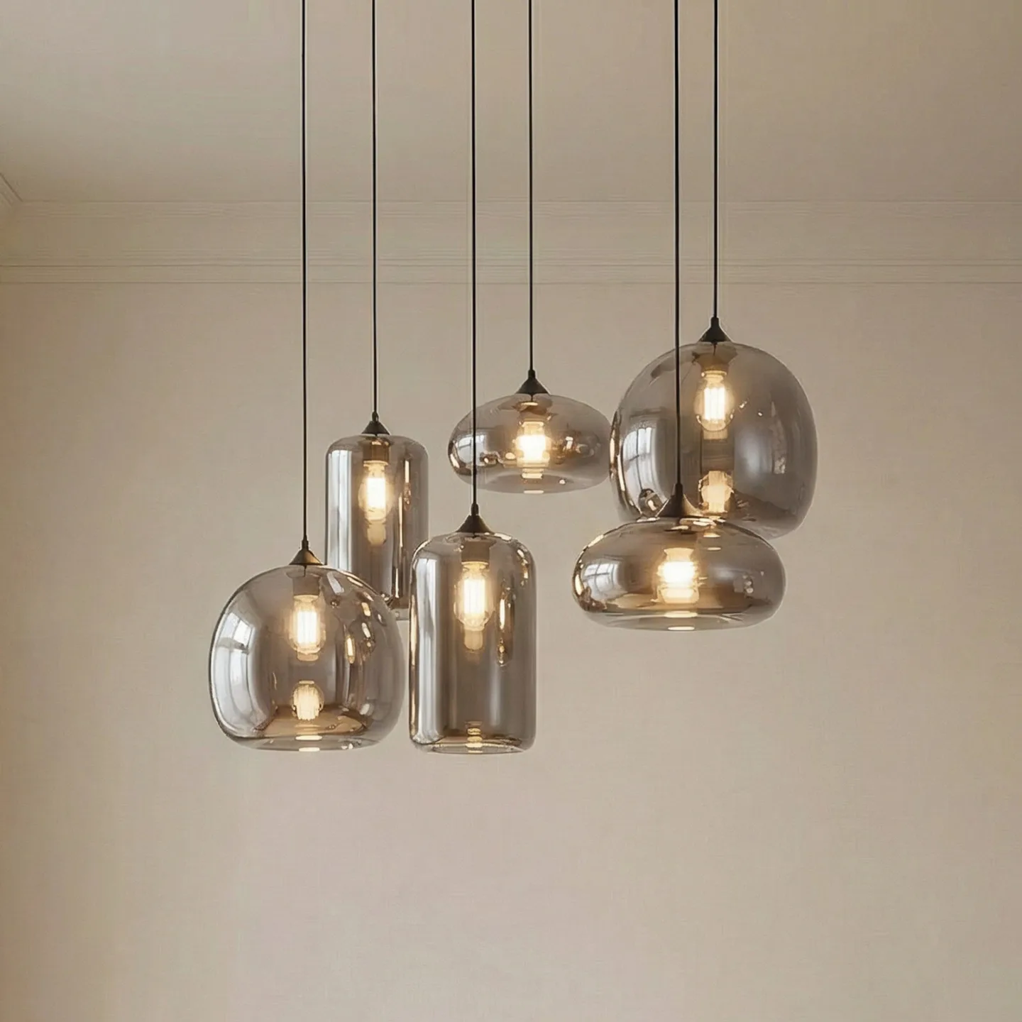Marla Hängeleuchte, 6-flammig, Glas, rauchgrau - Lindby - Esszimmer - Modern - Mehrflammig