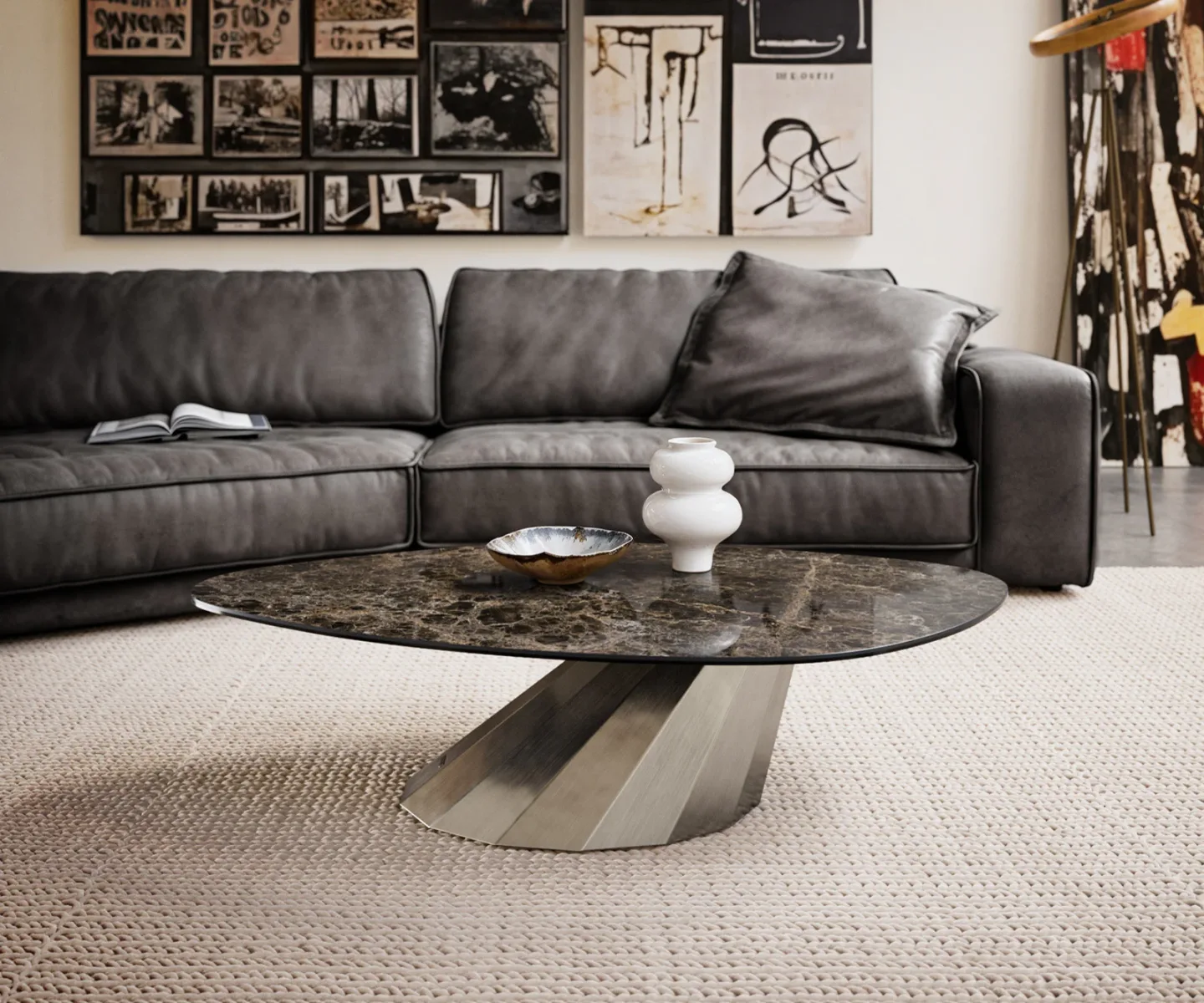 Couchtisch Edge Organisch 140x76 cm Keramik Emperador Extra Lucidato Dunkelbraun Parabi Edelstahl gebürstet