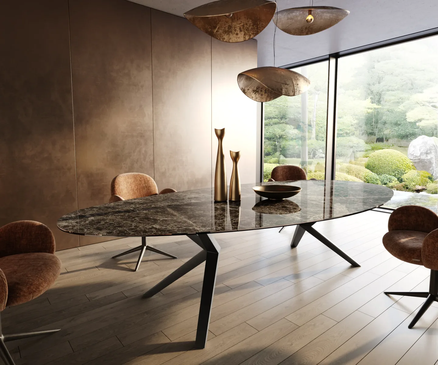 Esstisch Edge Oval 315x150 Keramik Emperador Extra Lucidato Dunkelbraun Zenthara kantig Metall Schwarz