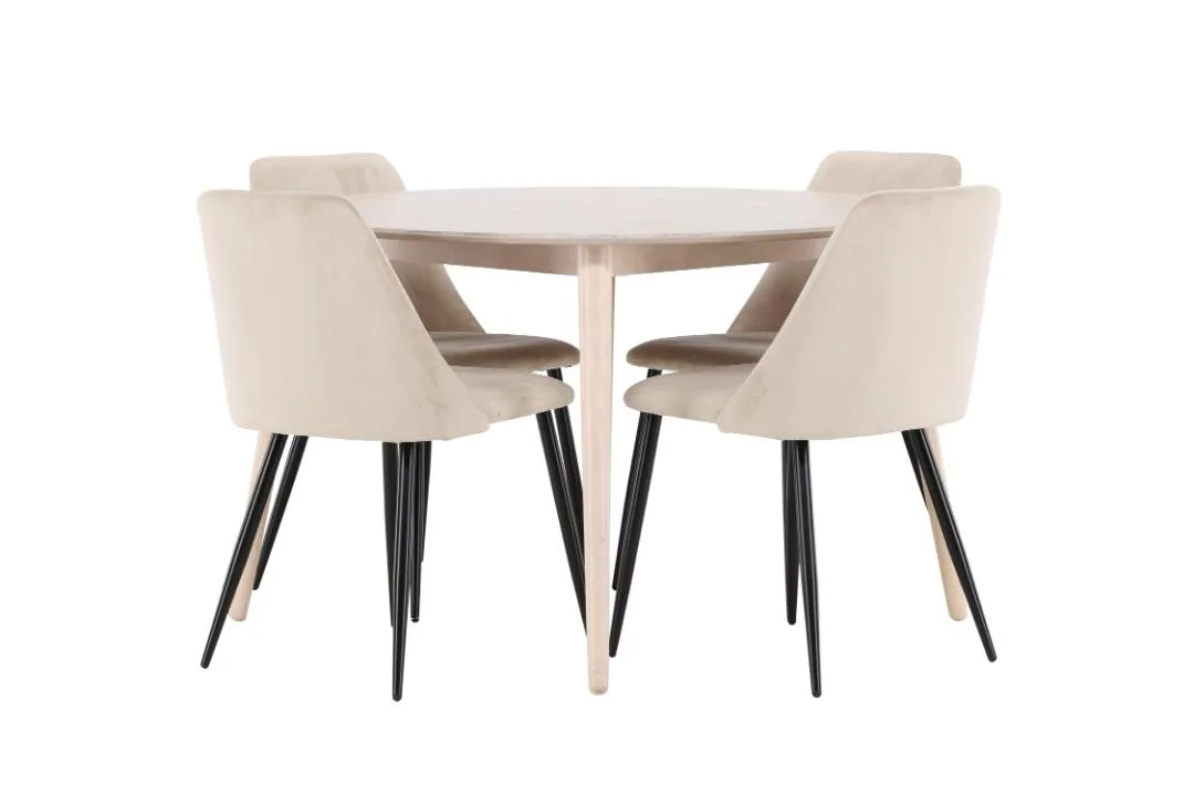 Flora Essgruppe Tisch Ø120cm und 4 Stühle whitewash, beige.
