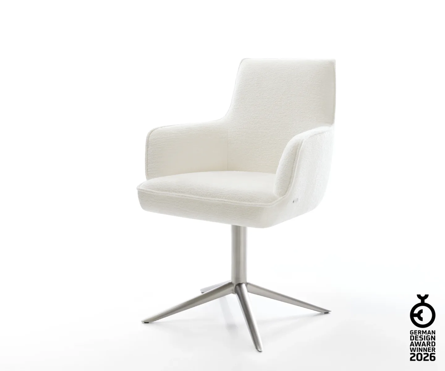 Drehstuhl Heira-Flex mit Armlehnen Bouclé Soft Beige Fußkreuz Edelstahl 360° drehbar Wippfunktion Taschenfederkern