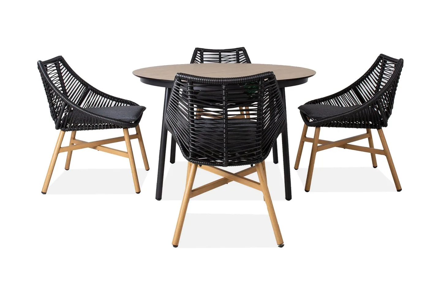 Helsinki Matgrupp Utomhus 120 cm Rund + 4 Utestolar m Dyna - Svart/Natur/Grå