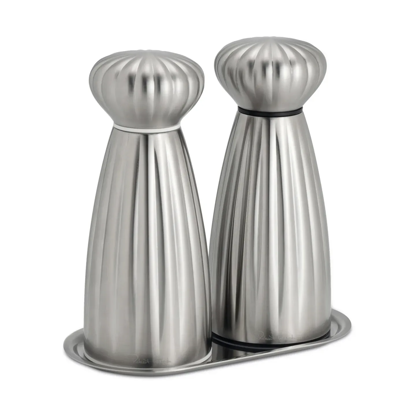 Robert Welch Palm Satin Salz- und Pfeffermühlenset Small-rostfreier Stahl, mit Tablett