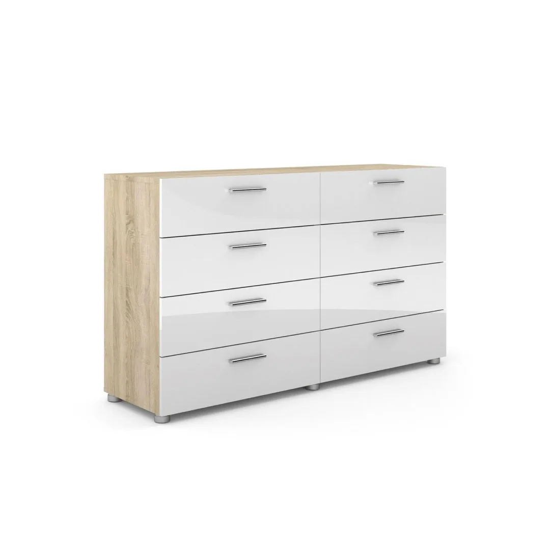 Petra Kommode 8 Schubladen Eiche Struktur Dekor und weiss Hochglanz.