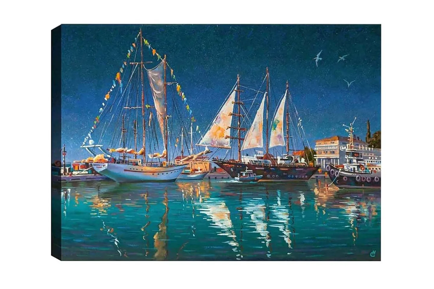 Canvastavla - Segelbåtar i en hamn under stjärnklar himmel - Mörkblå / Turkos / Vit