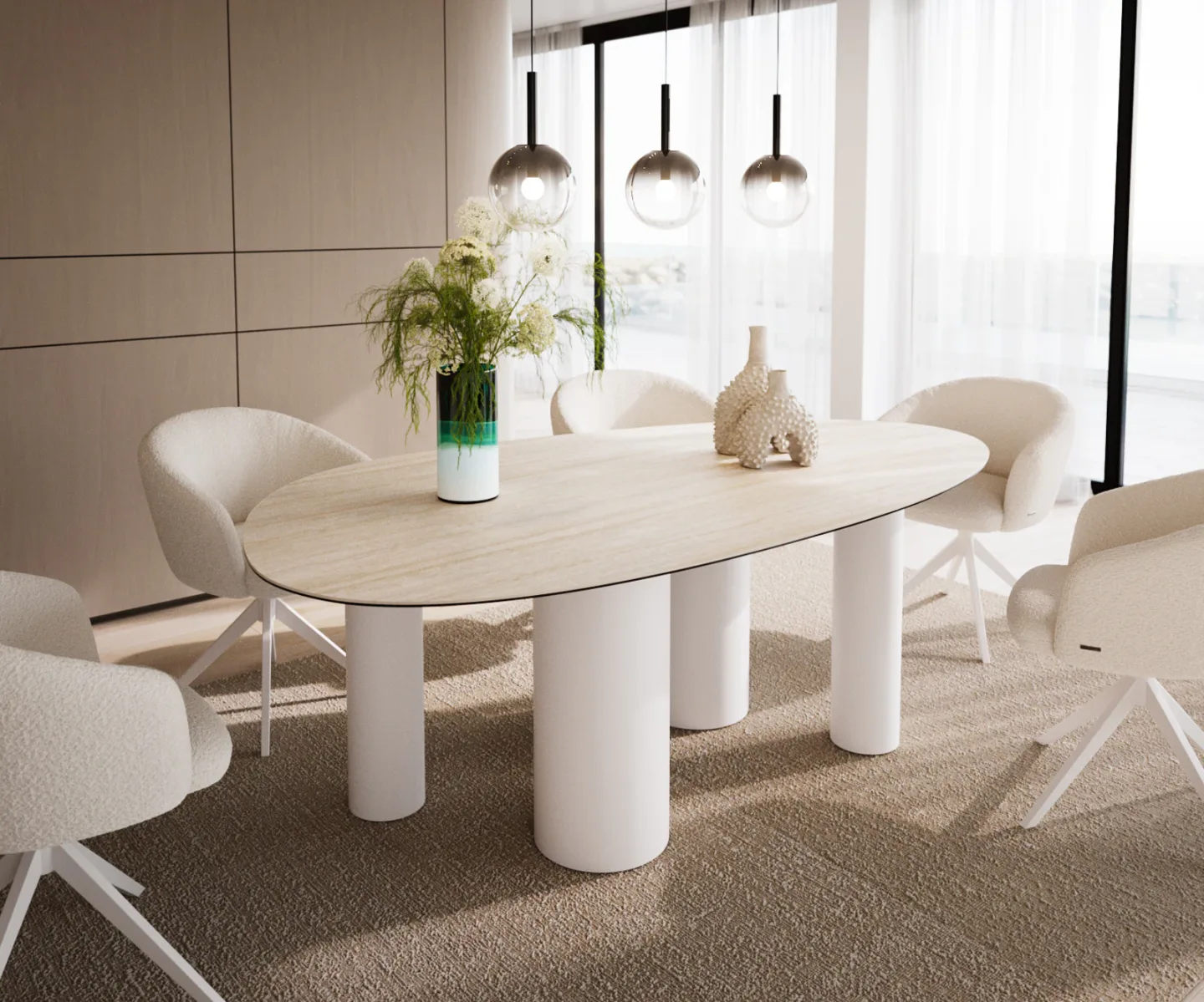 Esstisch Edge Oval 220x120 Keramik Laminam®Travertino Bianco Creme-Weiß ?Pilier Metall Weiß