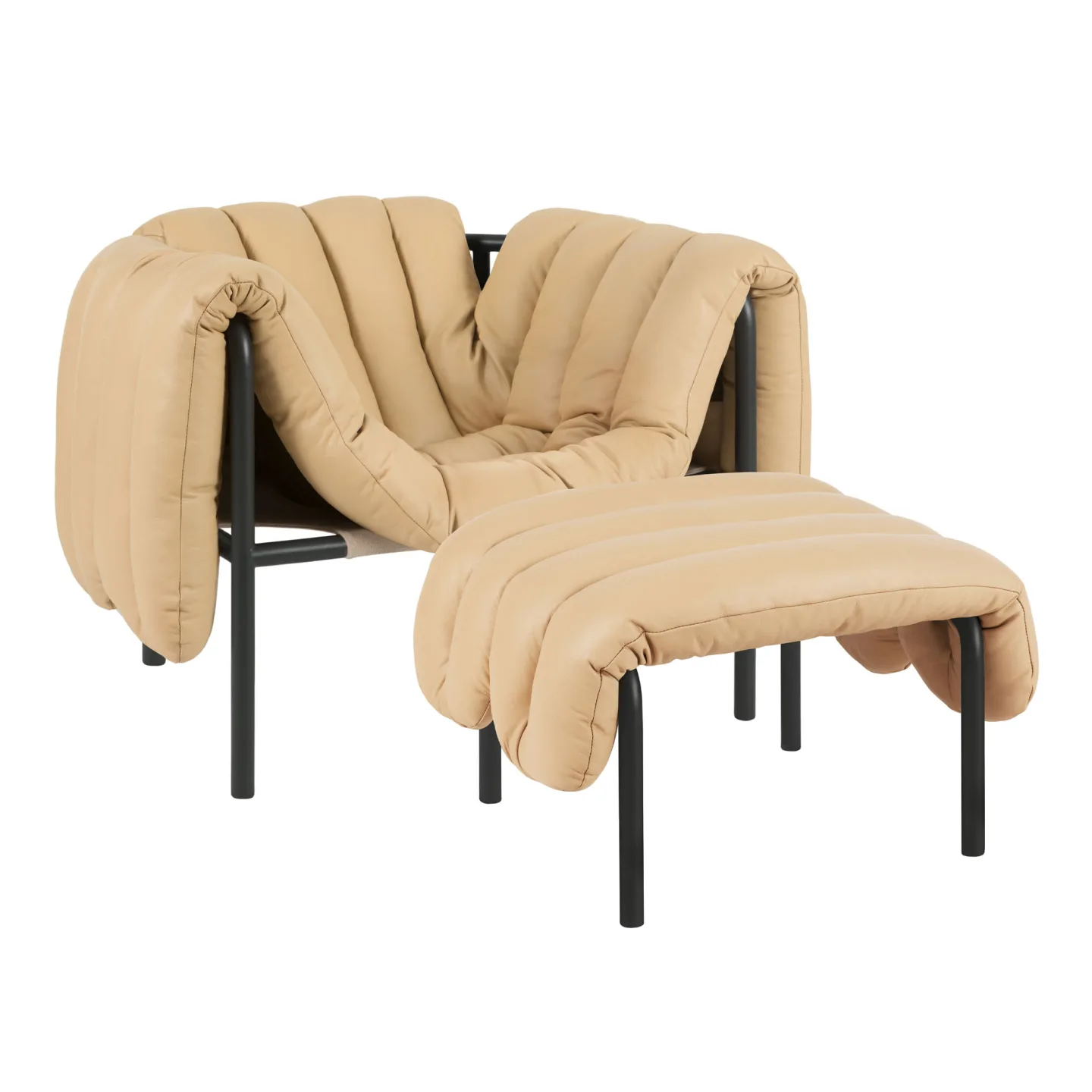 HEM - Puffy Lounge Chair + Ottoman - Sand Leather/Black Grey - Fåtöljer - Faye Toogood - Beige,Svart - Läder/Naturmaterial/Metall/Trä/Skum