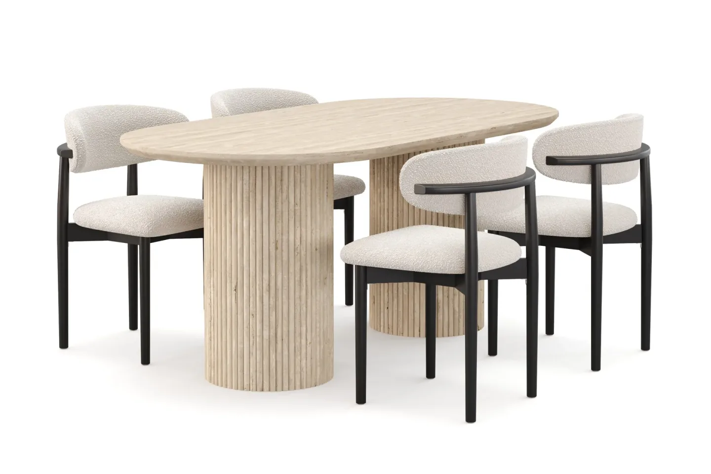 Uppveda Matbord Travetin utseende med 4 st Jaiveer Matstolar - Beige