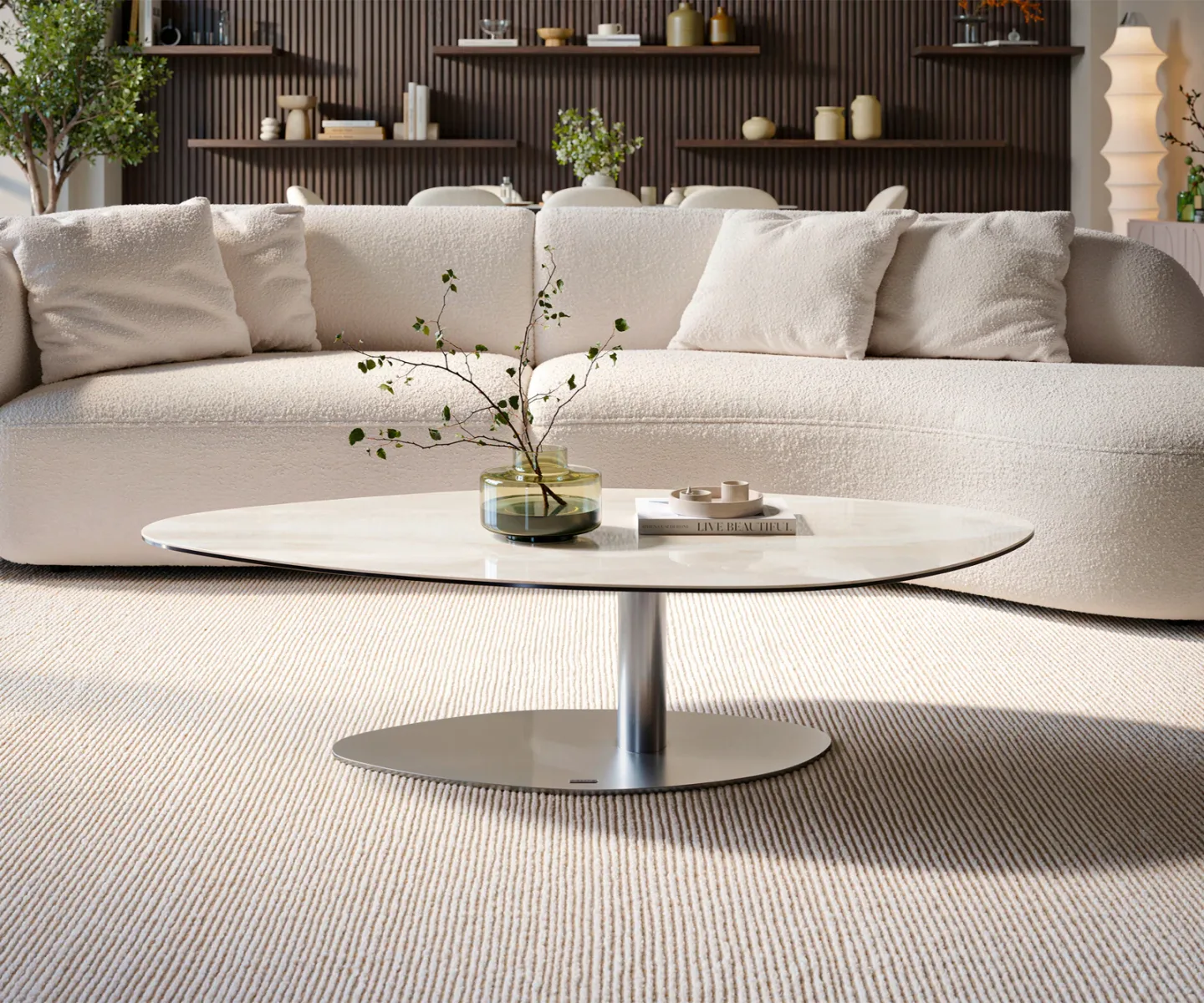 Couchtisch Edge Organisch 140x76 cm Keramik Onyx Champagne Vibany Edelstahl gebürstet