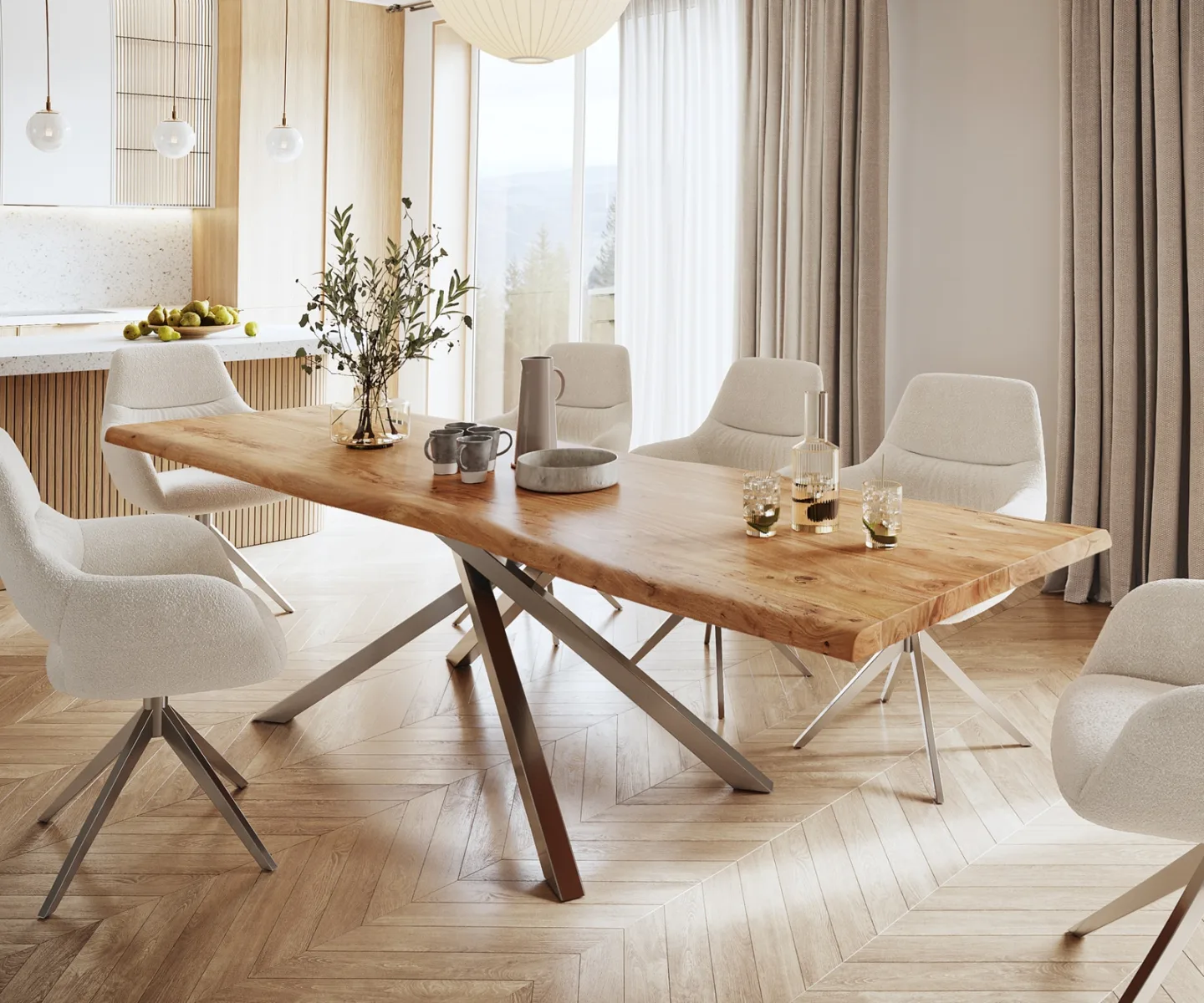 Esstisch Edge 280x100 XL Akazie Natur Kreuzgestell Rechteck Edelstahl Live-Edge