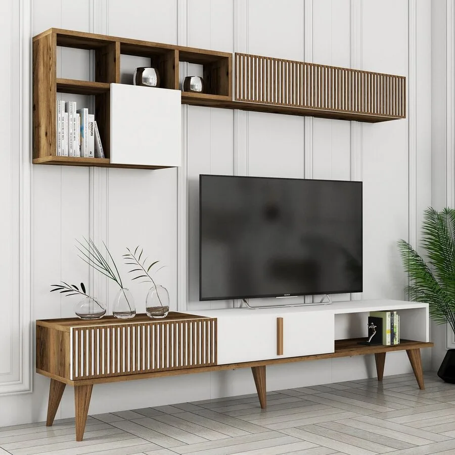 TV-Möbel Yasam Walnuss/weiss Melaminbeschichtete Spanplatte B 180 cm