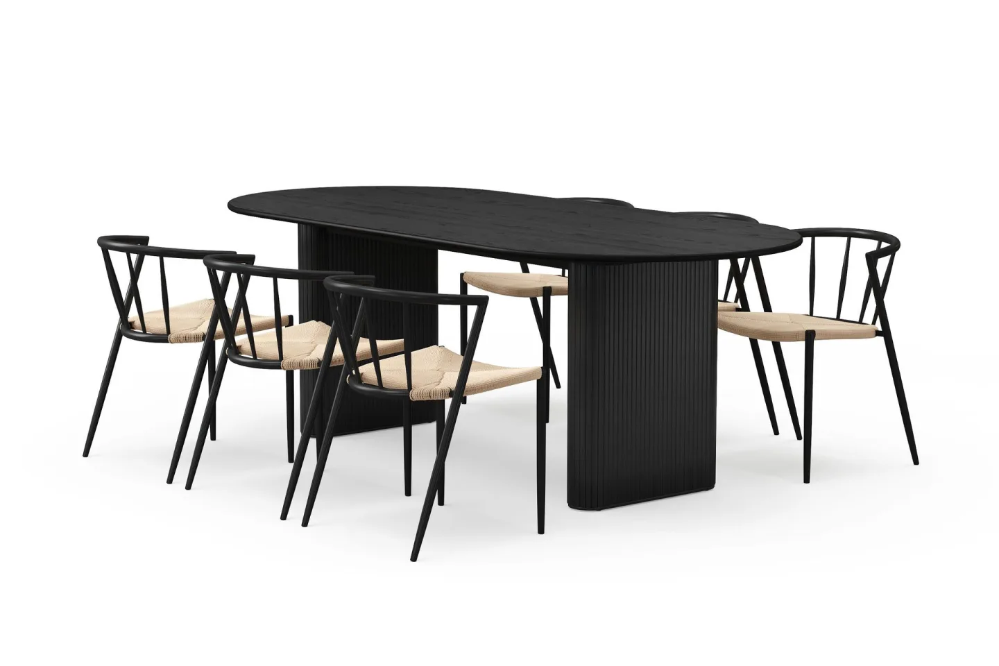Noira Ovalt Matbord 220 cm med 6 Winston Matstolar - Svart / Beige / Metallben Svart