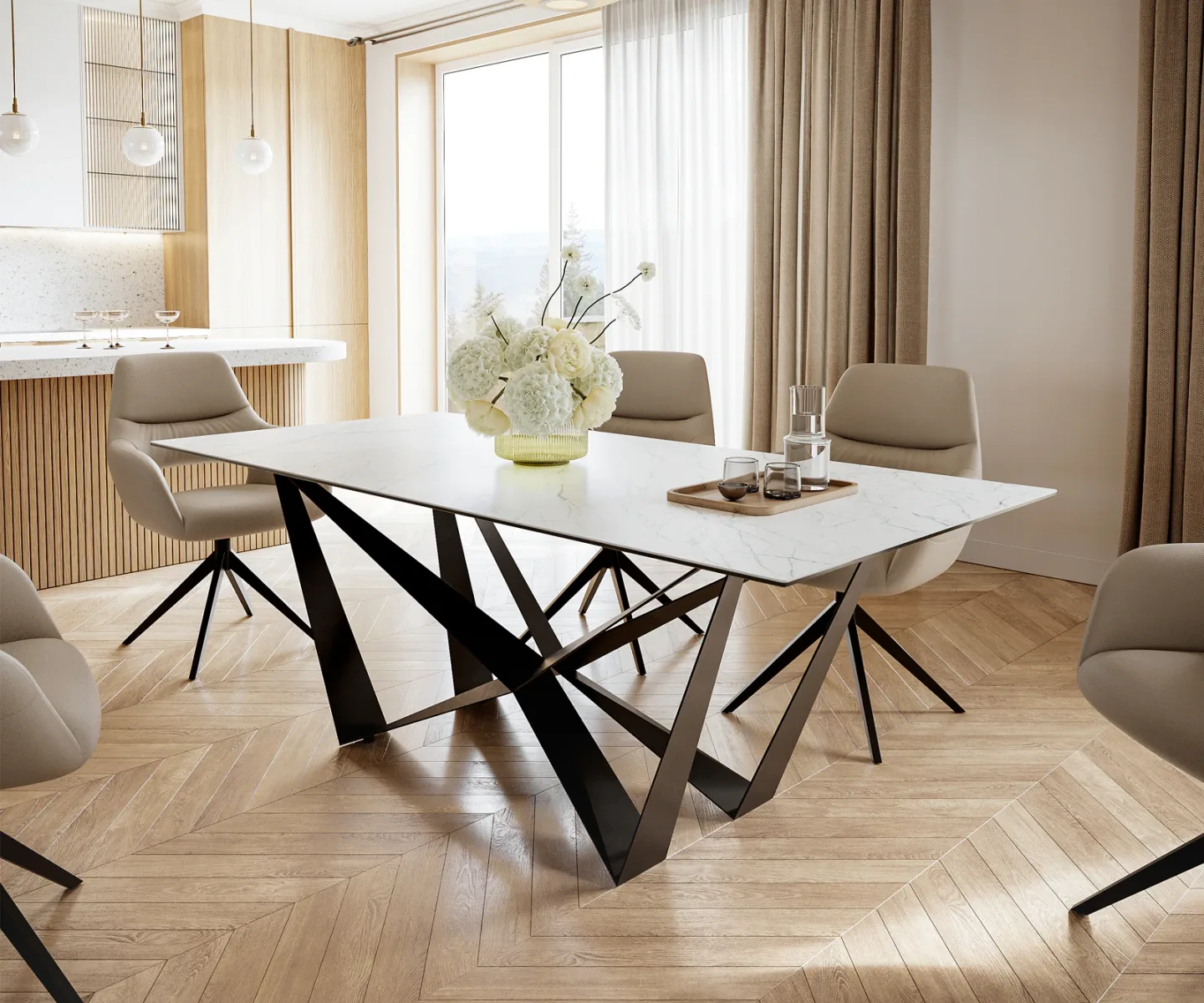 Esstisch Edge 200x100cm Keramik Laminam®Statuarietto Weiß Mittelfuß Flachstahl Schwarz
