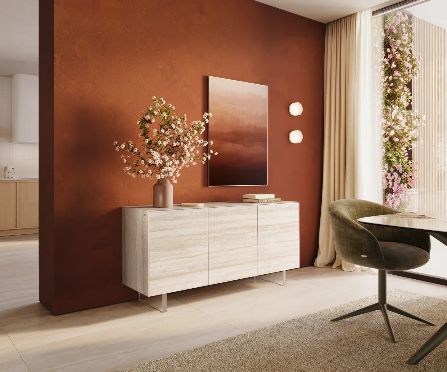 Sideboard Cuor 150 cm Keramik Laminam® Travertino Bianco Creme-Weiß 3 Türen Fuß Schwebeoptik Acrylglas