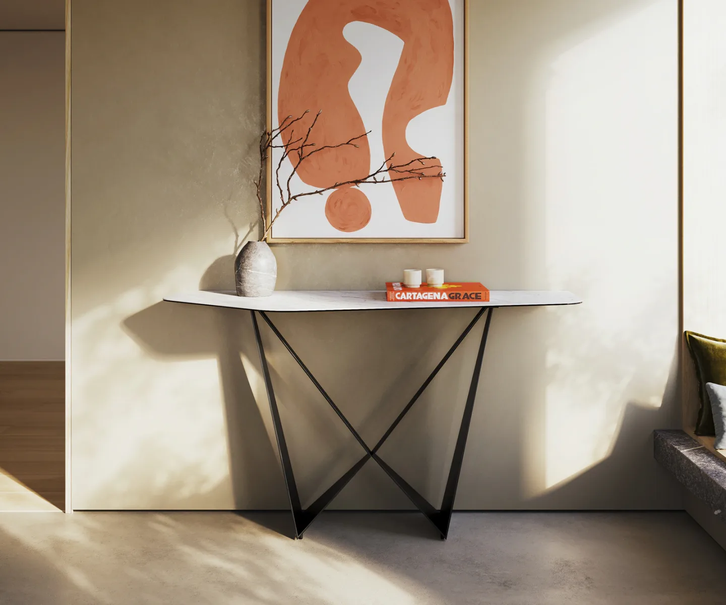 Konsolentisch Edge Polygonal 140x50 cm Keramik Laminam® Statuarietto Weiß Spios Metall Schwarz