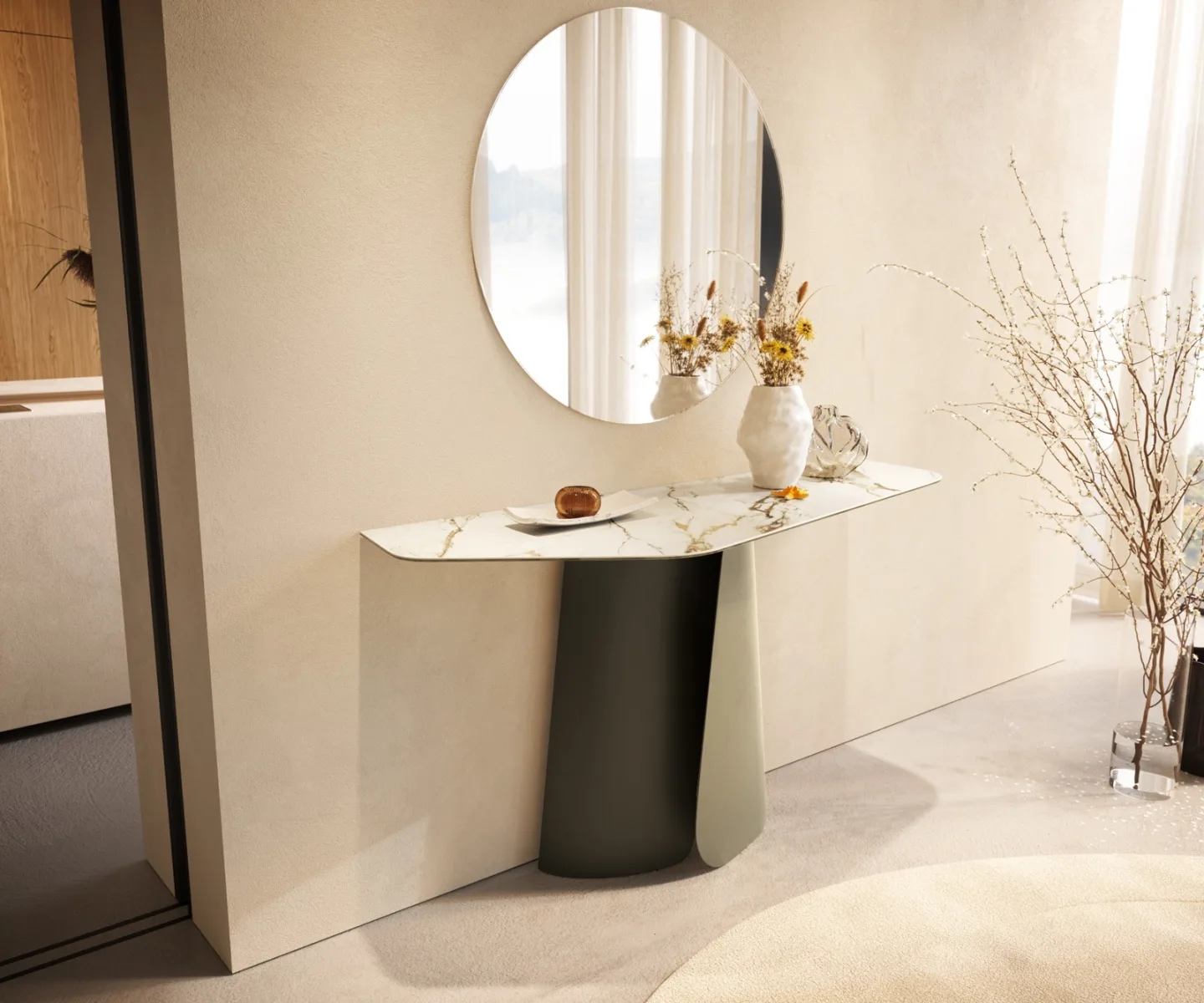 Konsolentisch Edge Polygonal 140x50 cm Keramik Calacatta Luxe Weiß-Gold-Grau Livos Metall Effektfinish Titan