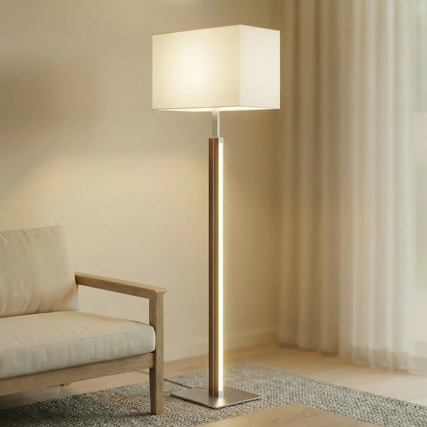 Lisene LED-Stehlampe, walnuss/silber/natur, 162cm - Quitani - Wohnzimmer - Design - Stoff / Textil - Mit Schirm