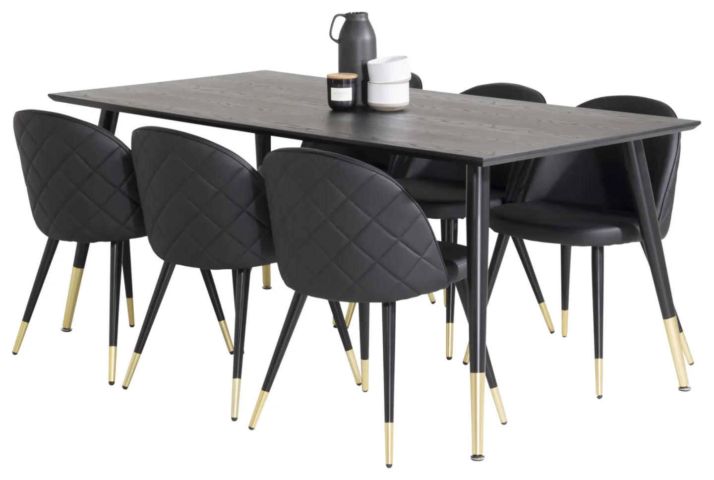 Dipp180x90BLBR Essgruppe Esstisch schwarz und 6 Velvet Esszimmerstühle PU Kunstleder schwarz.