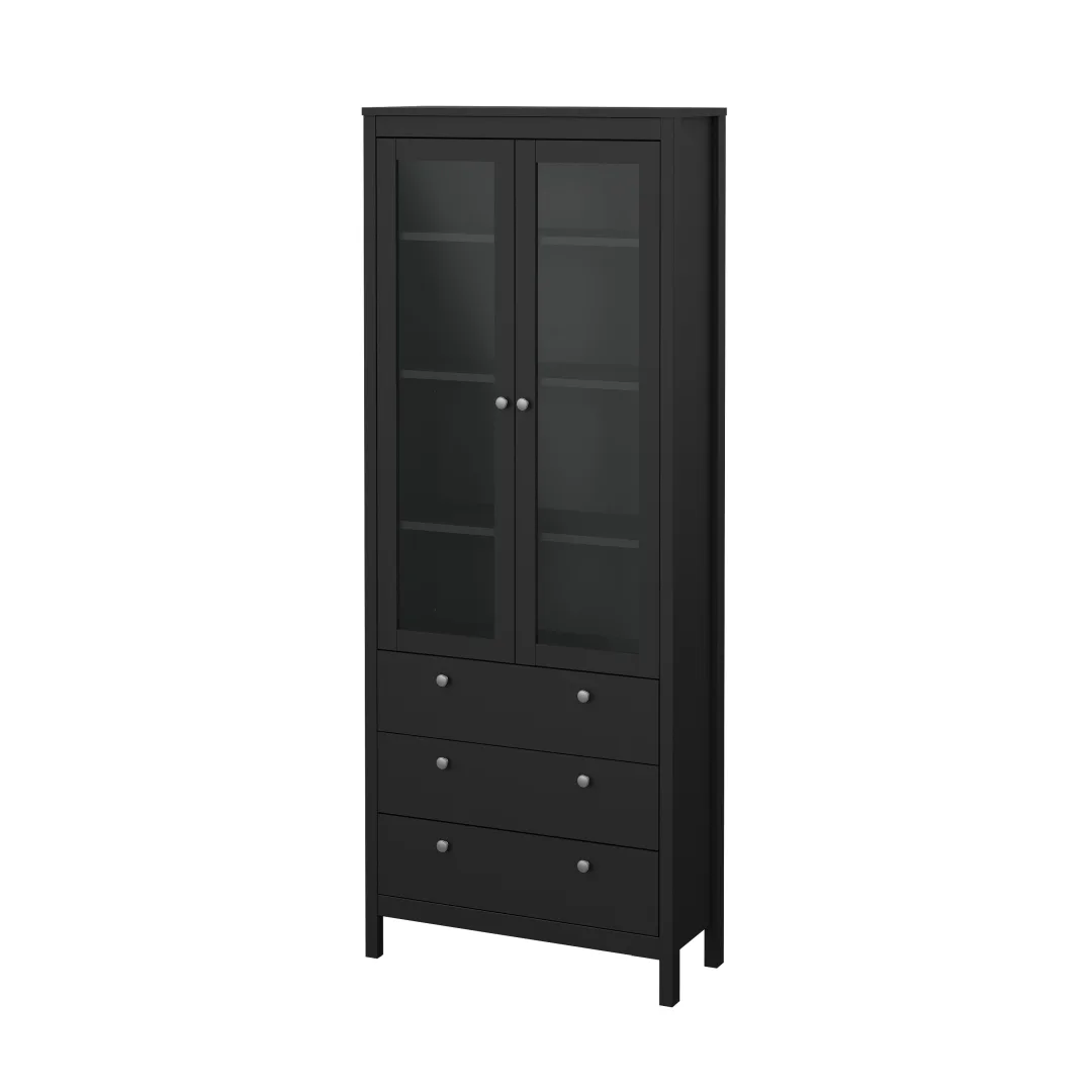 Madrid Vitrinenschrank 2 Glastüren 3 Schubladen schwarz matt.
