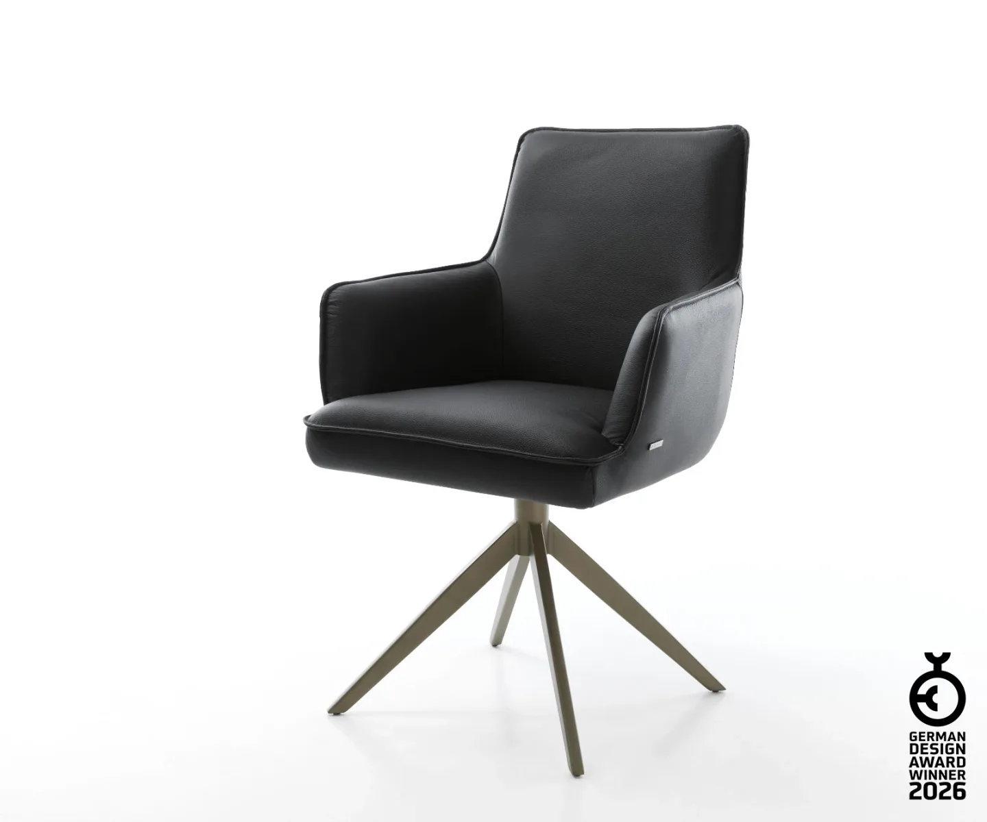 Drehstuhl Heira-Flex mit Armlehnen Echt-Leder Schwarz Kreuzgestell breit Effektfinish Titan 360° drehbar Taschenfederkern