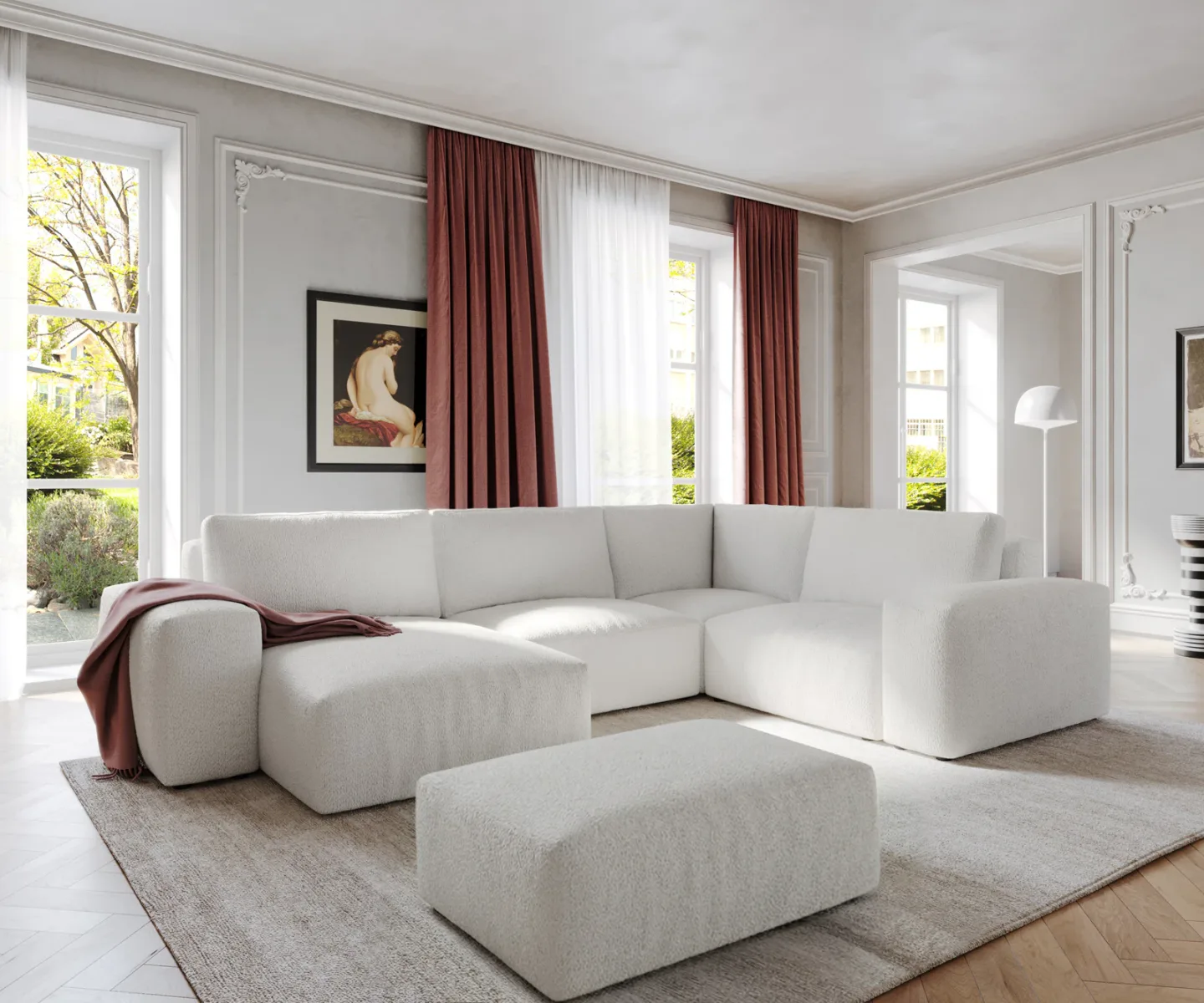 Wohnlandschaft Lanzo 300x210 cm Bouclé Creme-Weiß Recamiere variabel mit Hocker
