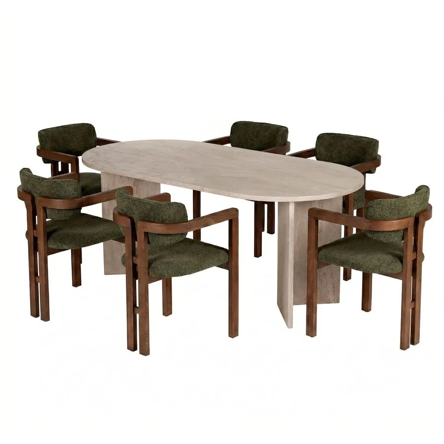 Essgruppe Georis Travertin, Nussbaum, Grün 100% Melaminbeschichtete Spanplatte Massivholz B 180 T 90 cm