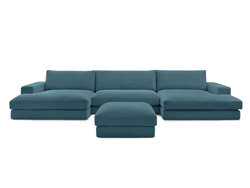 Panorama-Ecksofa mit Hocker BOBOCHIC LEONARD Cord-Stoff hellblau