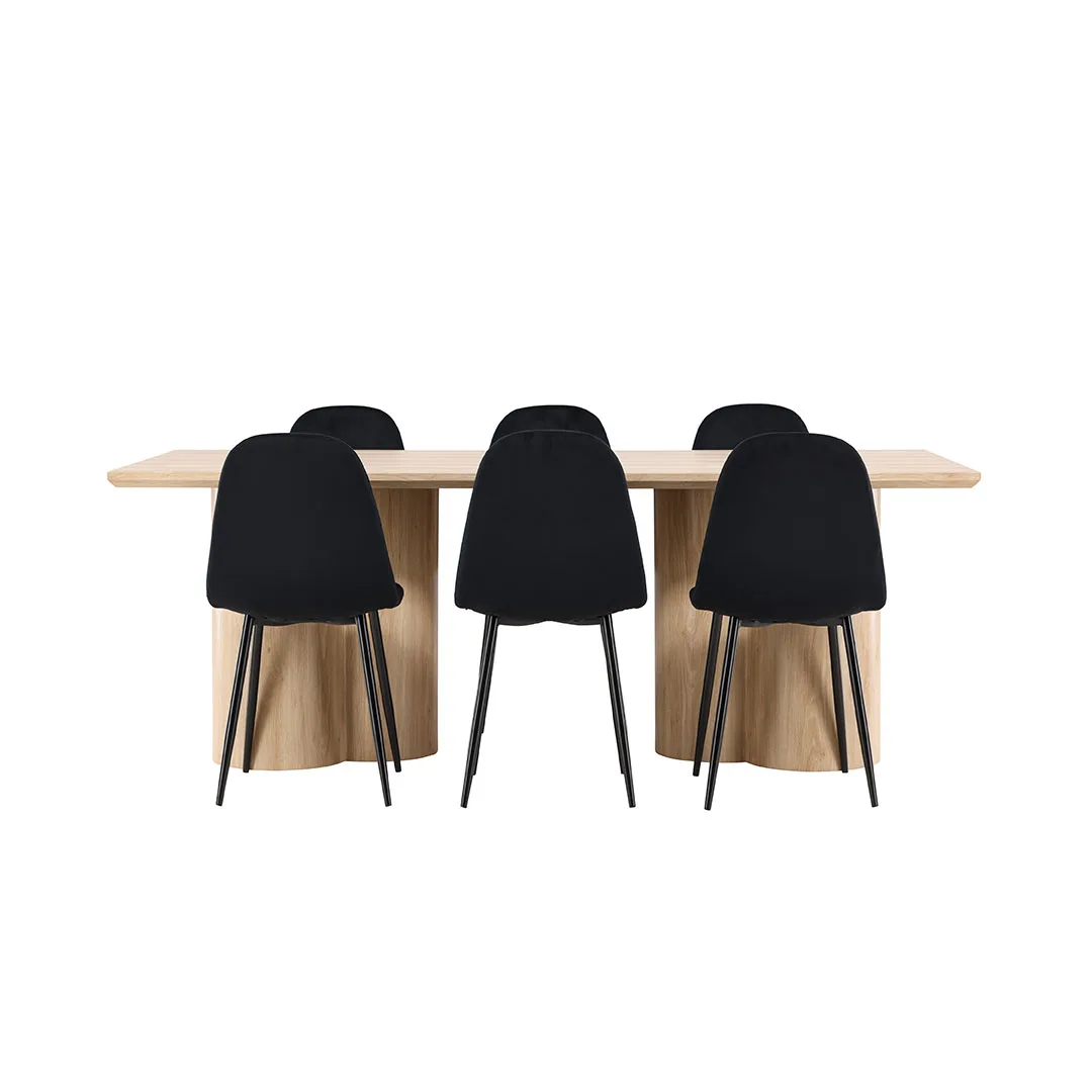Olivia Essgruppe Tisch 100x210cm und 6 Velours Stühle natur.