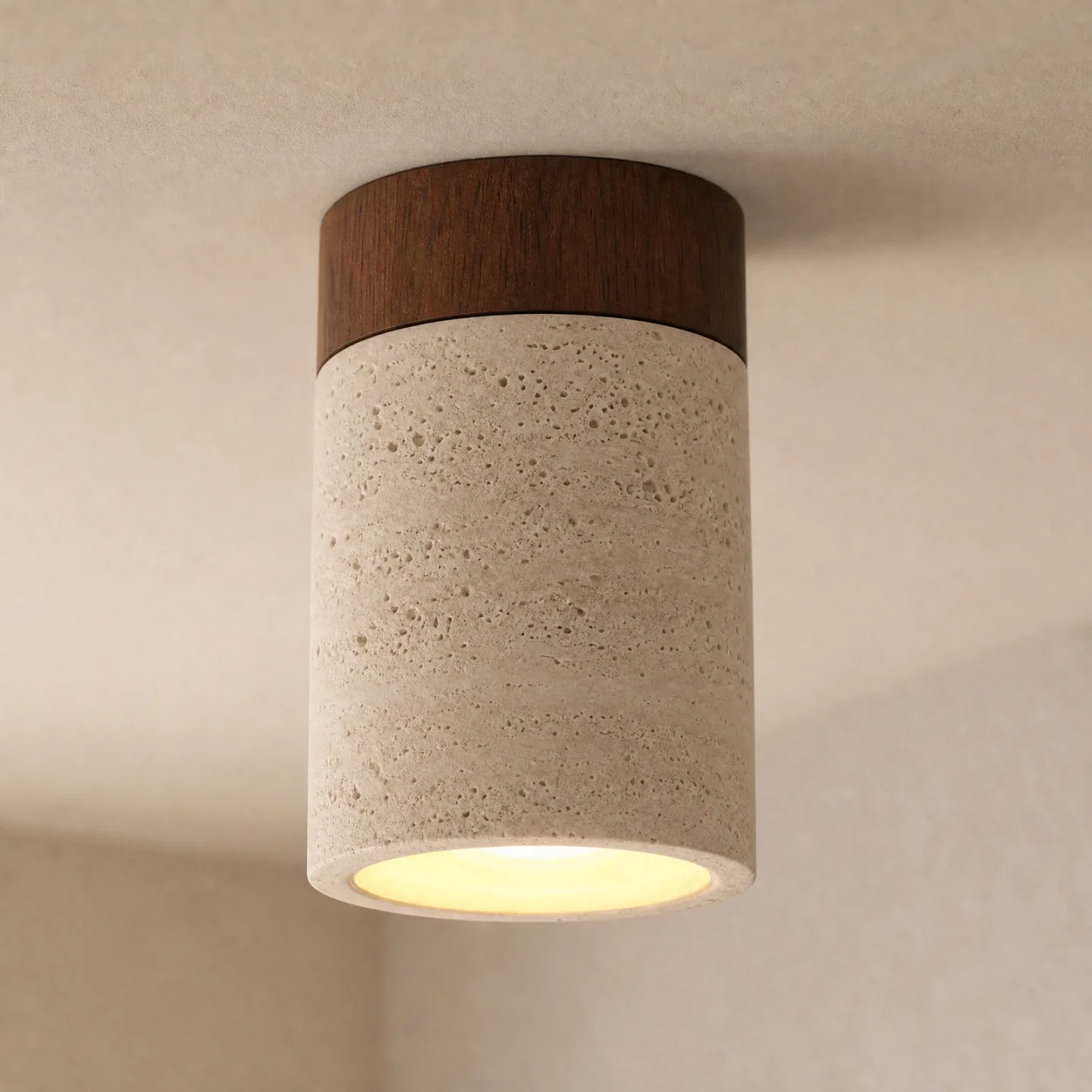 Carlotta taklampe, beige/valnøtt, Ø 12 cm, tre/betong – Lucande - Stue - Moderne - Med en lyskilde