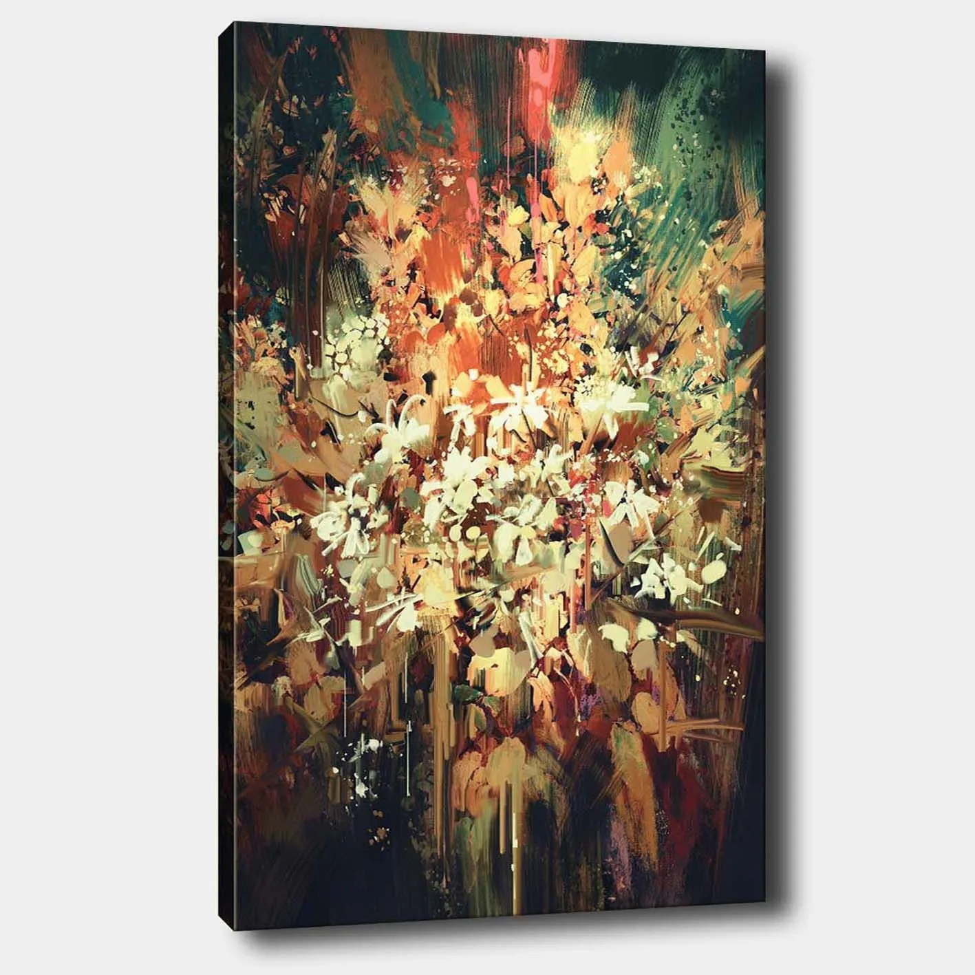 Canvastavla 70x100 cm - Färgstark och abstrakt blomsterkomposition som fångar naturens skönhet - Grön / Orange / Vit