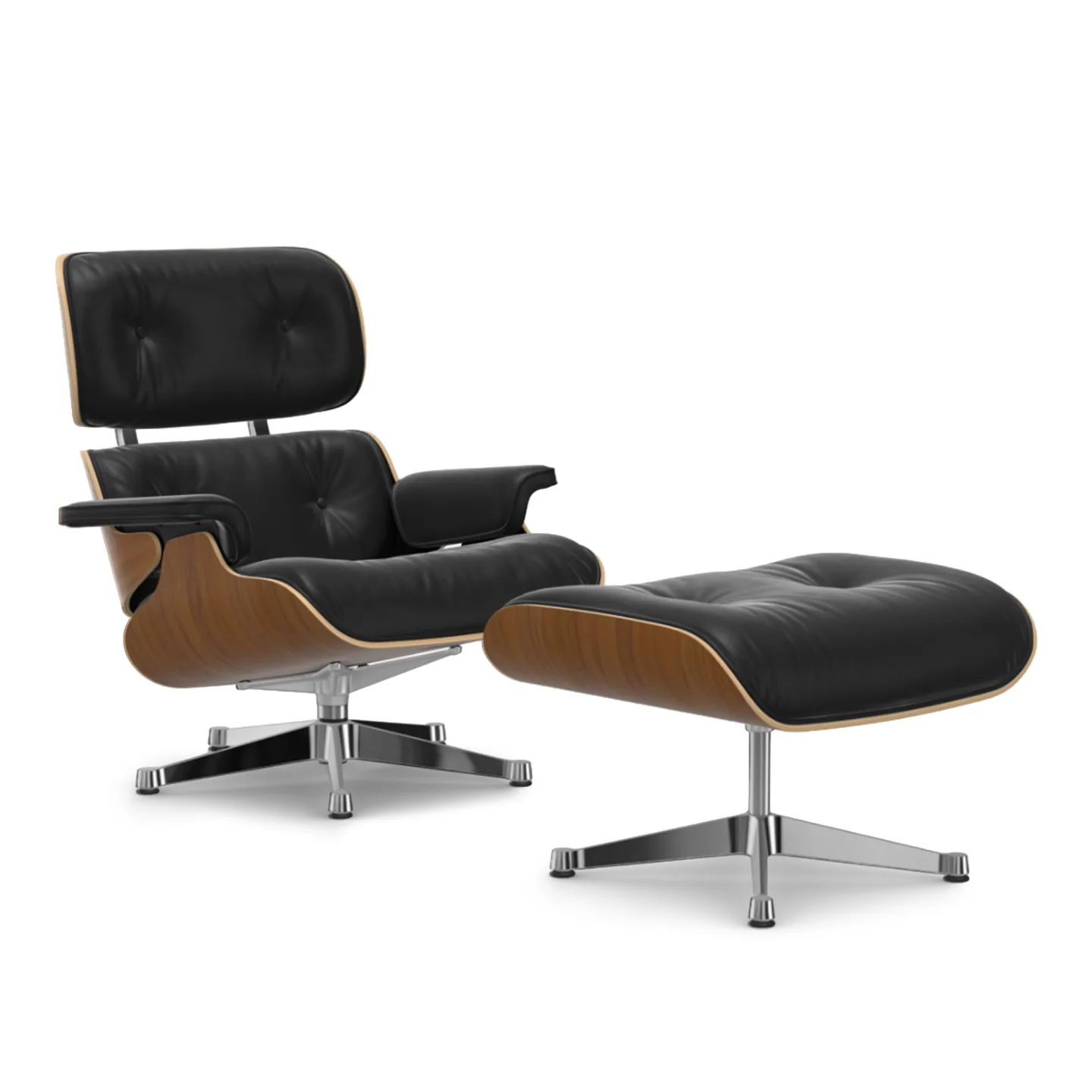 Vitra - Eames Lounge Set Natural Walnut Leather Natural Nero 66 Polished Aluminium - Fåtöljer - Charles & Ray Eames - Svart