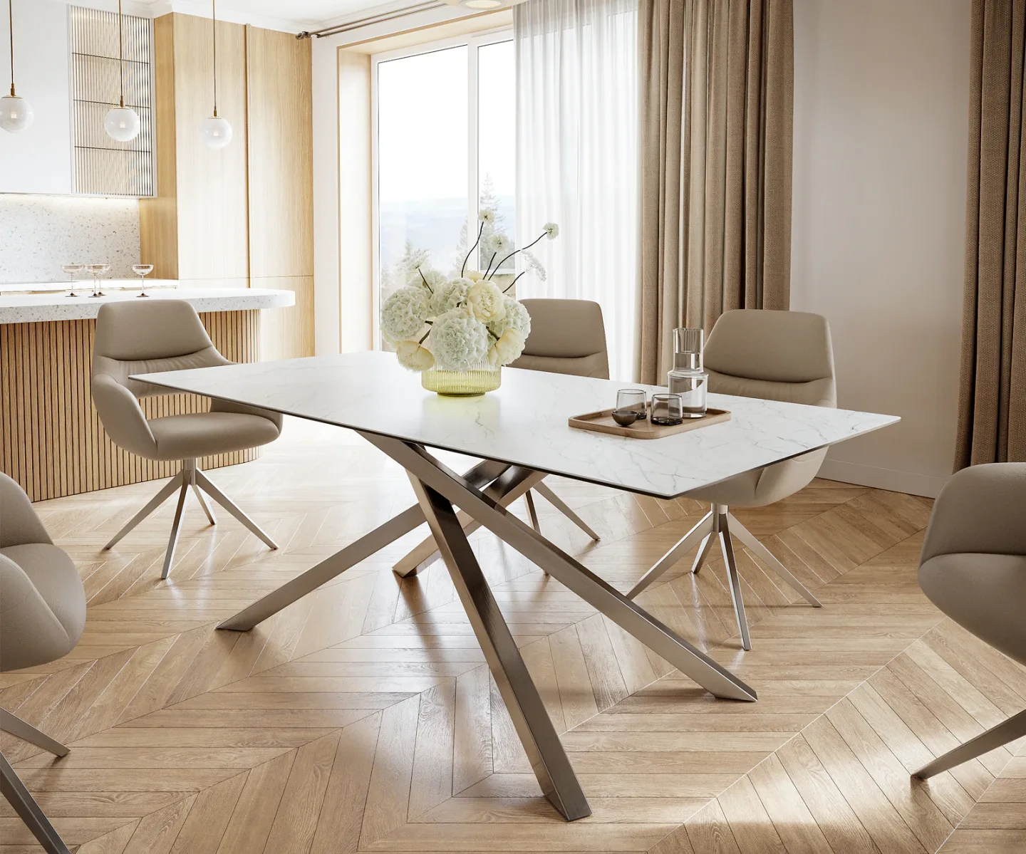 Esstisch Edge 200x100cm Keramik Laminam®Statuarietto Weiß Kreuzgestell Rechteck Edelstahl