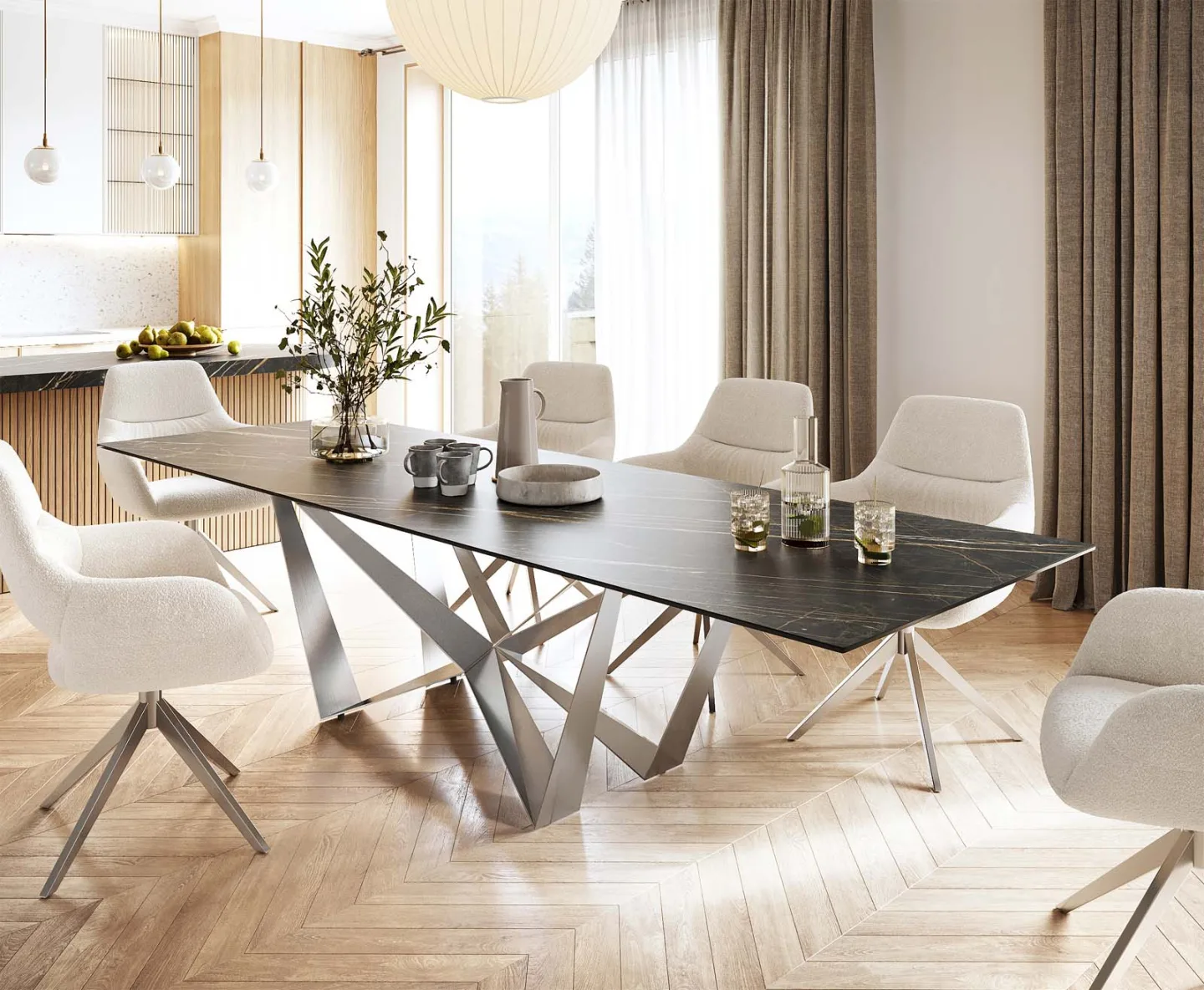 Esstisch Edge 300x100cm Keramik Laminam®Noir Desir Braun Spider Flachstahl Edelstahl