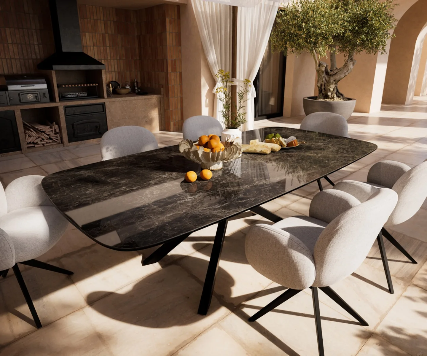 Outdoortisch Edge Boot 240x120 cm Keramik Emperador Extra Lucidato Dunkelbraun Kreuzgestell Rechteck Schwarz