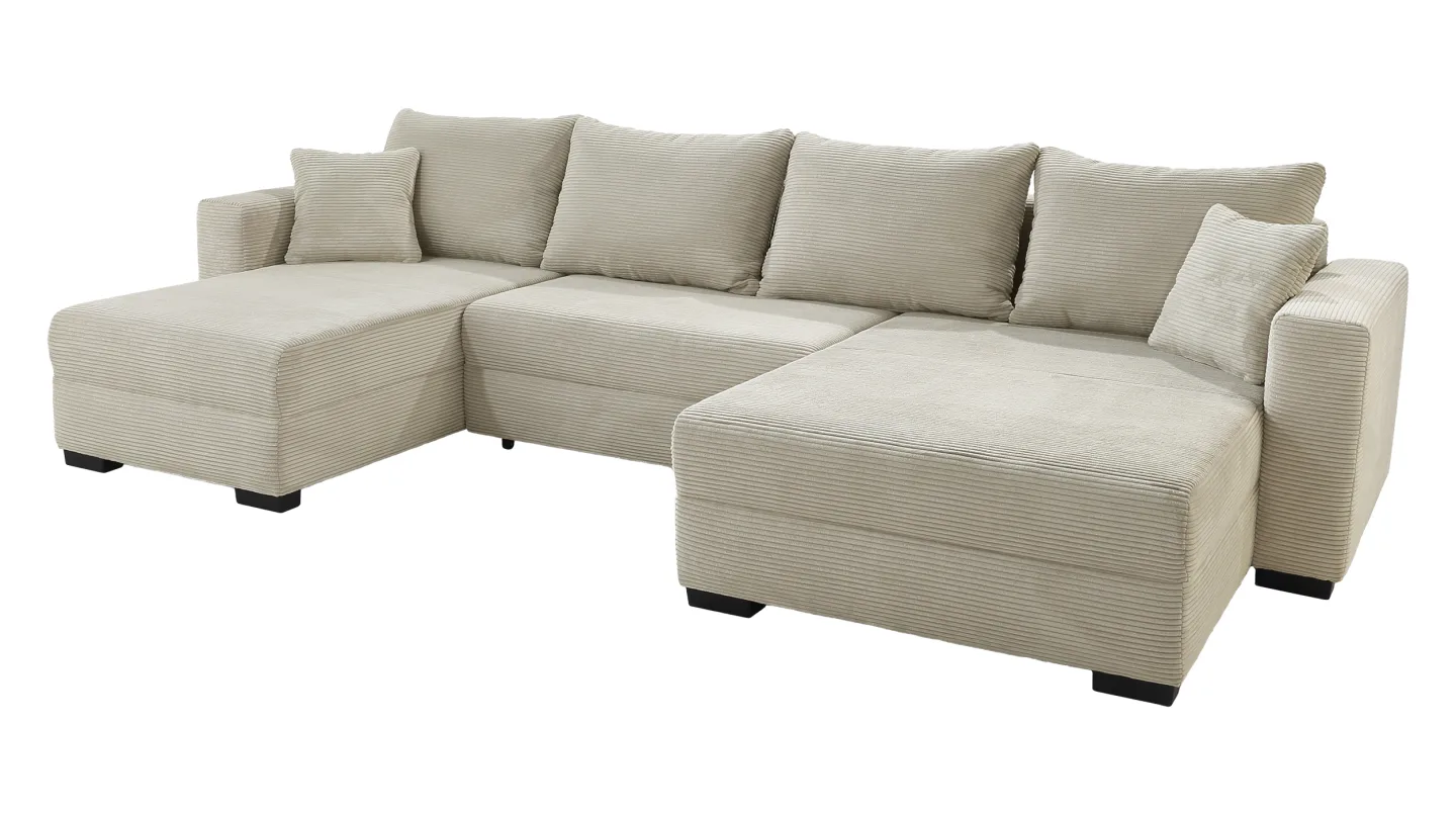 Wohnlandschaft mit Schlaffunktion Cord grau-beige 342 cm - SELMA