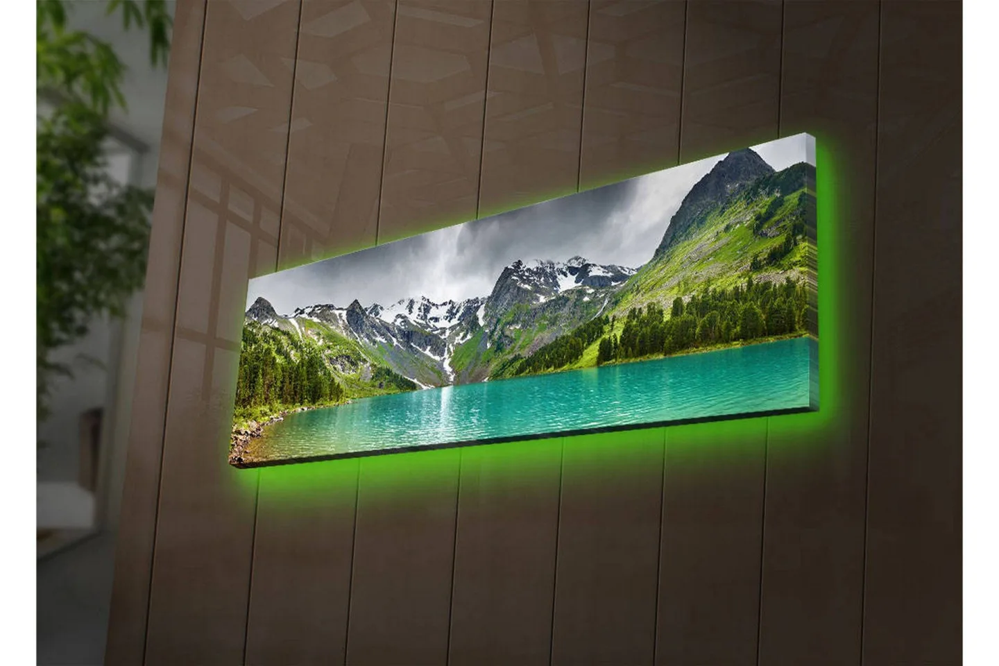 Canvastavla med LED-belysning 30x90 cm - Storslagen berglandskap med en glittrande sjö - Turkos / Grön / Grå