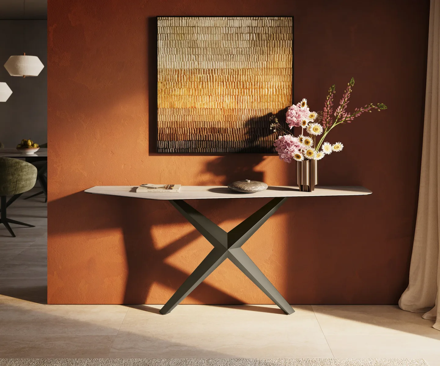 Konsolentisch Edge Polygonal 180x50 cm Keramik Laminam® Travertino Bianco Creme-Weiß Zentharo Metall Effektfinish Titan