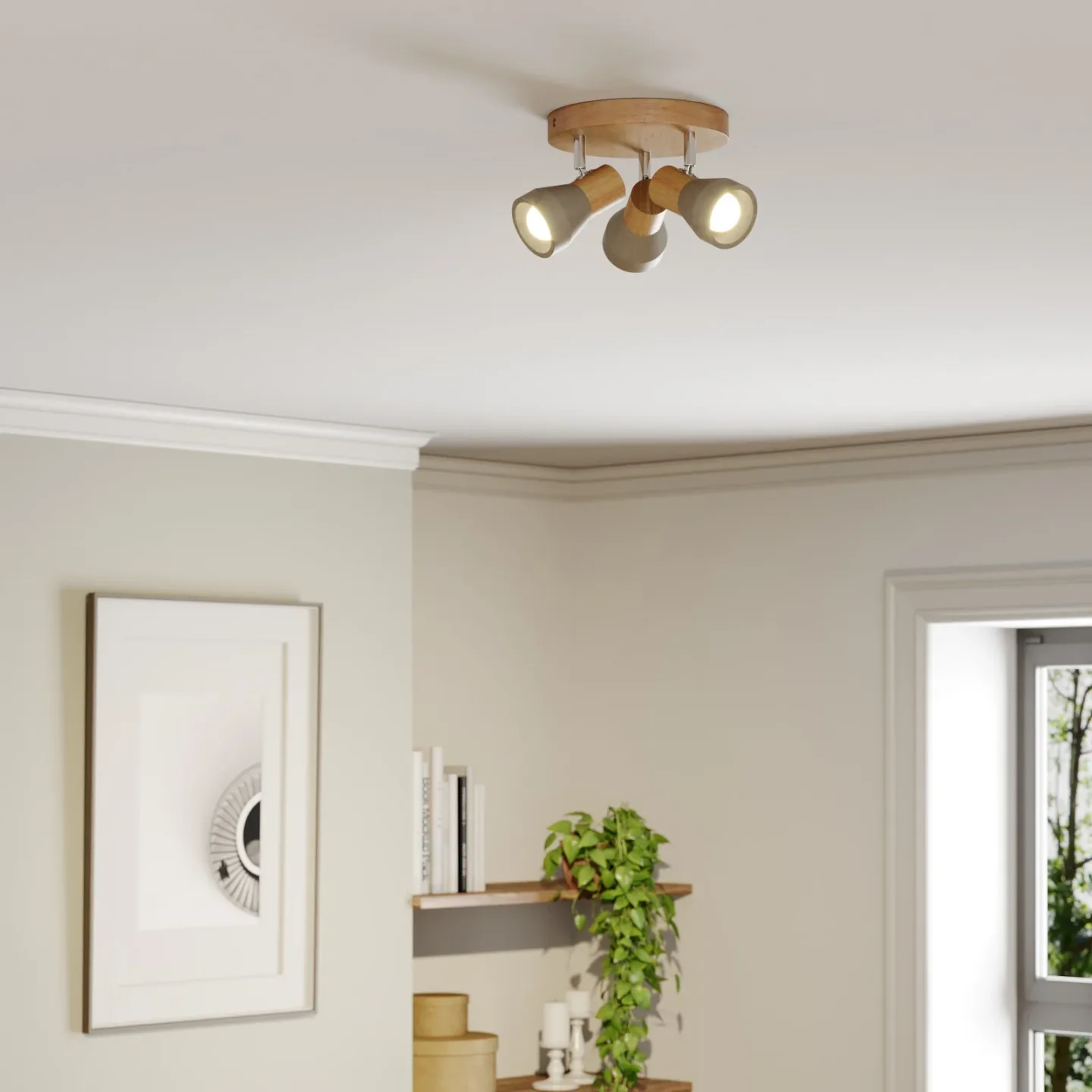 Filiz Round Deckenleuchte Concrete/Wood - Lindby - Schlafzimmer - Skandinavisch - Beton - Mehrflammig