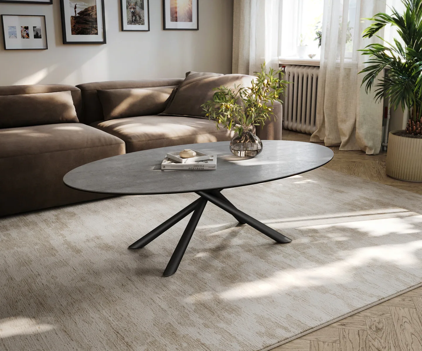 Couchtisch Edge Oval 140x80 cm Keramik Beton Grau Sarity Metall Schwarz