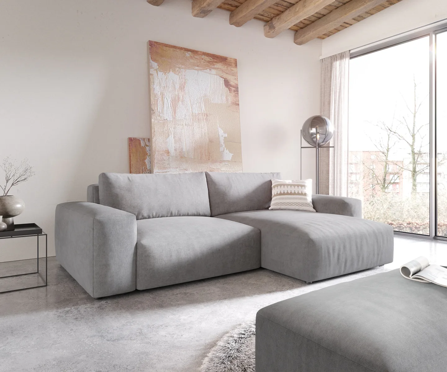 Ecksofa Lanzo XL 270x180 cm Mikrofaser Grau Recamiere variabel mit Hocker