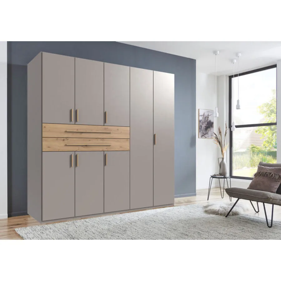 Kleiderschrank Stride Saharagrau, Abs. Artisan-Eiche-Nachbildung - Griffe Artisan-Eiche-NB Mischholz B 225 cm