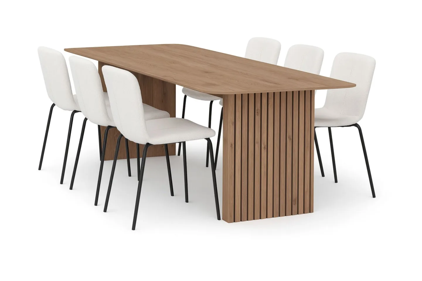 Richeto Matbord 180 cm med 6 Katy Matstolar - Naturlig finish / Vit Bouclé / Metallben Svart