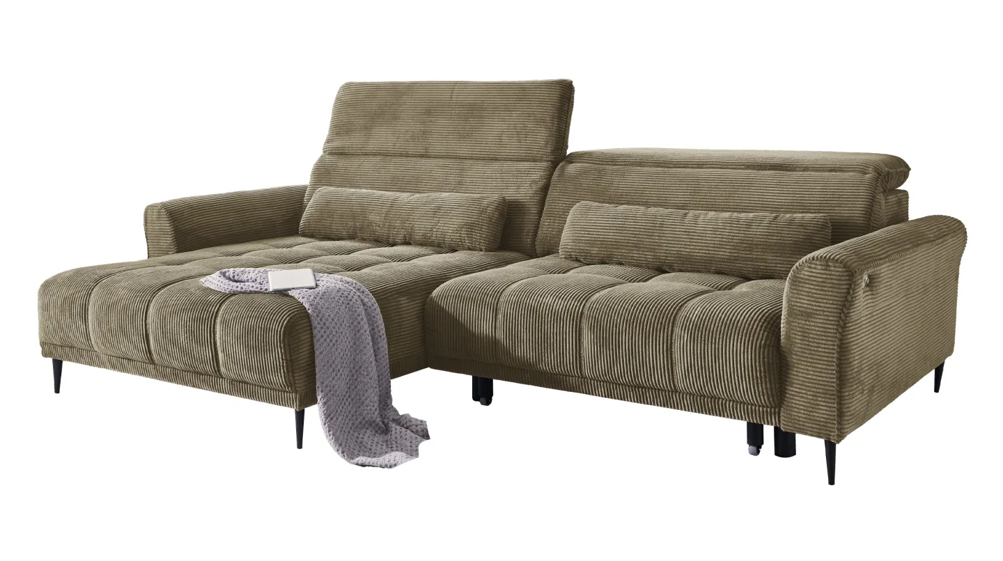 Ecksofa Cord grün elektrisch ausfahrbar 277 cm - OT links - LOGAN