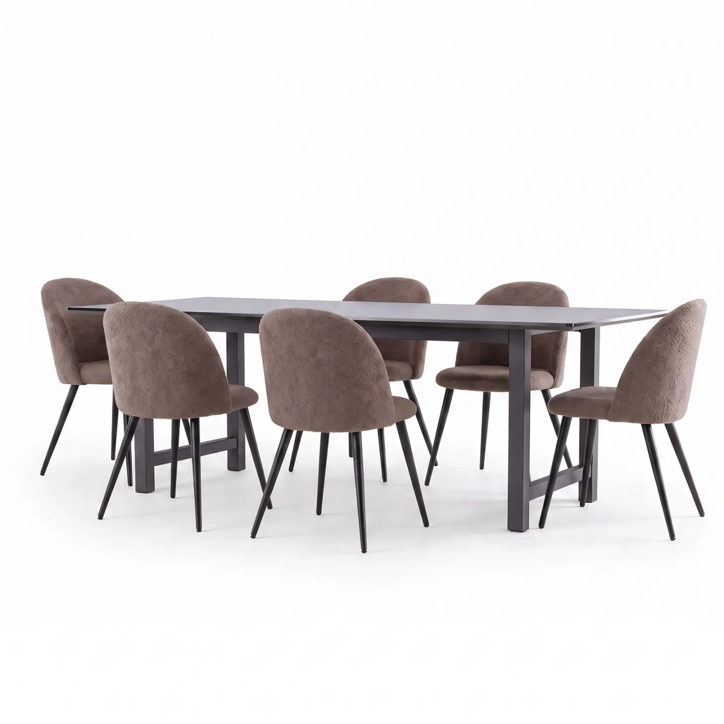 Oslo Essgruppe Esstisch 100x220 cm schwarz und 6 Skagen-Stühle Bouclé braun.