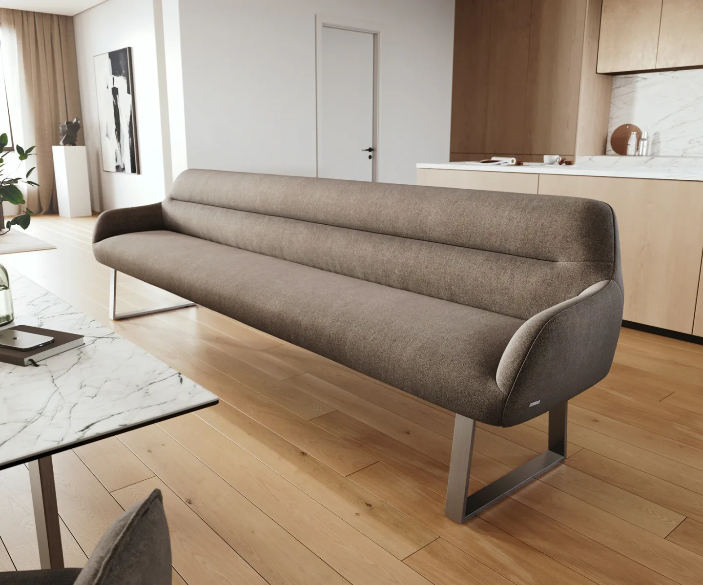 Esszimmerbank Taya-Flex 300 cm Strukturstoff Soft Taupe Kufengestell kantig Edelstahl Taschenfederkern
