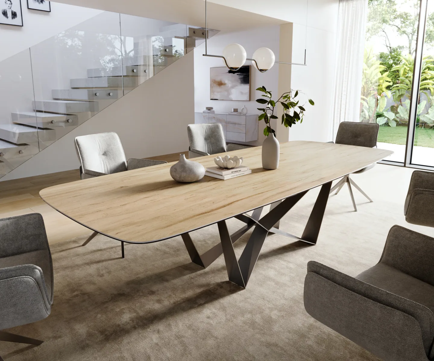 Esstisch Edge Boot 300x120 cm Keramik Laminam® Sabbia Eichefarbig Spider Flachstahl Edelstahl Graphit