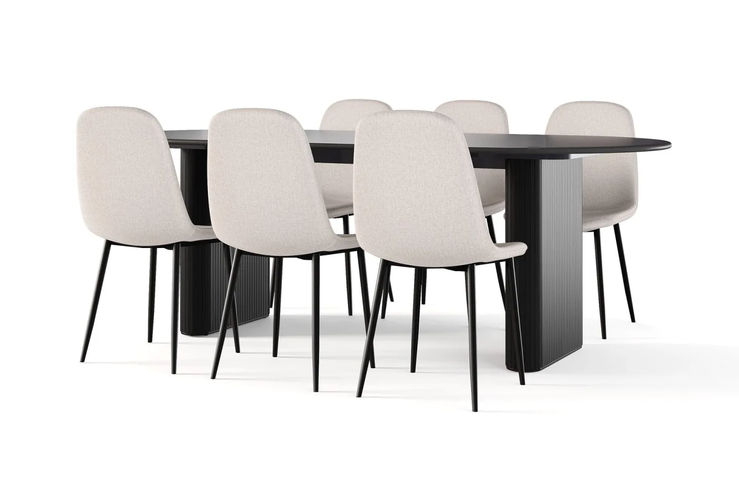 Noira Ovalt Matbord 220 cm Svart + 6 st Nibe stol beige med svarta ben - Svart/Beige