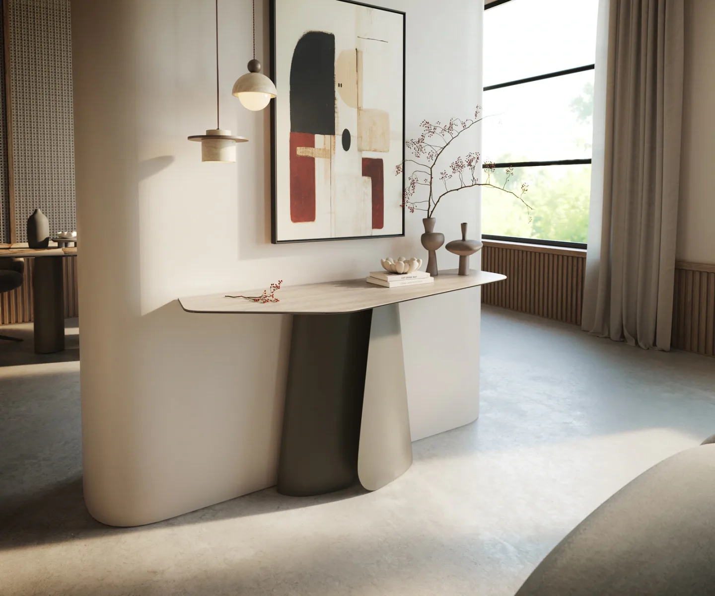 Konsolentisch Edge Polygonal 140x50 cm Keramik Laminam® Travertino Bianco Creme-Weiß Livos Metall Effektfinish Titan