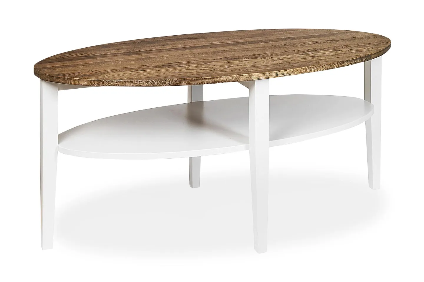 Tranås Soffbord 120 cm Ovalt med Förvaring Hylla - Ek/Vit
